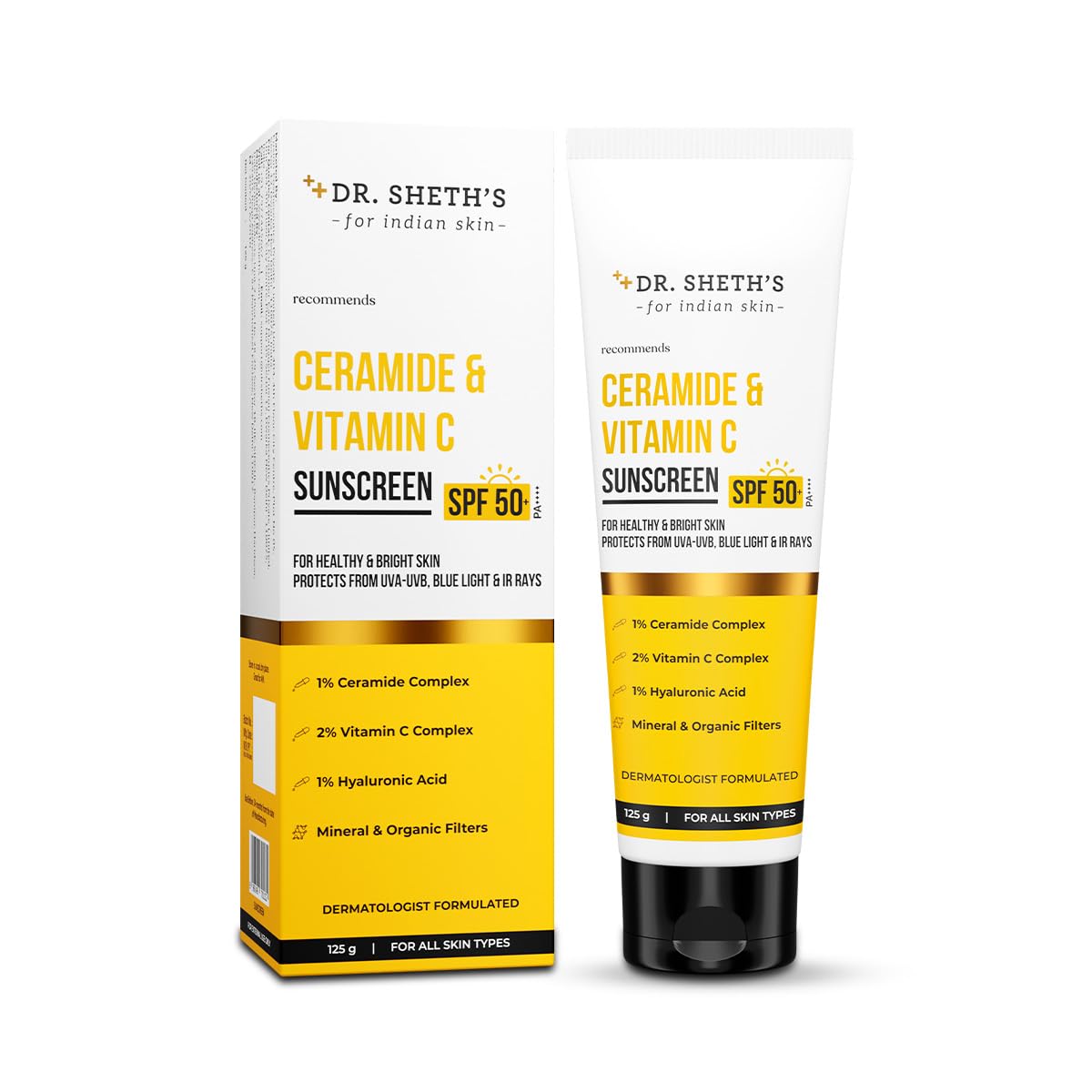 Dr. Sheth's Ceramide & Vitamin C Sunscreen SPF 50+ PA+++ UVA UVB Sun Protection, For All Skin Types - Distacart