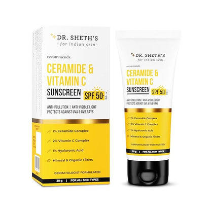 Dr. Sheth's Ceramide & Vitamin C Sunscreen SPF 50+ PA+++ UVA UVB Sun Protection, For All Skin Types - Distacart