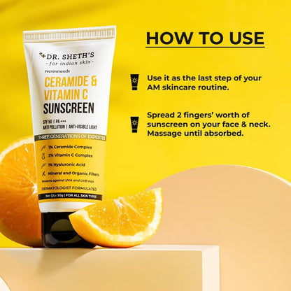 Dr. Sheth's Ceramide & Vitamin C Sunscreen SPF 50+ PA+++ UVA UVB Sun Protection, For All Skin Types